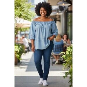 Cato Womens Blue Off The Shoulder Boho Peasant Shirt Blouse Top Size 18/20W 2X